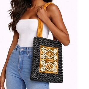 Vintage Roger Van S Beaded Geometric Glam Shoulder Bag Tote Medium Black Brown